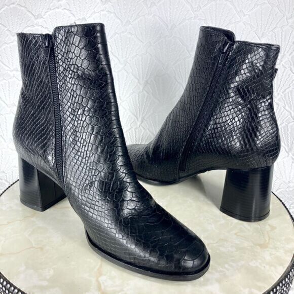 Antonio de Faria Ankle Boot Womens Size 9 Black Camila Snake Skin Chunky Heels - Picture 10 of 13